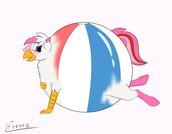 Size: 1148x900 | Tagged: safe, artist:furnaise, oc, oc:foxxy hooves, hippogriff, ball, beach ball, blushing, female, fetish, hippogriff oc, inanimate tf, inflatable, inflatable fetish, inflatable toy, smiling, solo, transformation