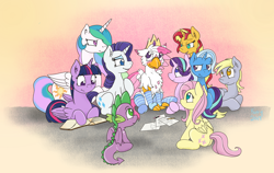 Size: 2000x1260 | Tagged: safe, artist:foxxy-arts, derpy hooves, fluttershy, princess celestia, rarity, spike, starlight glimmer, sunset shimmer, trixie, twilight sparkle, oc, oc:foxxy hooves, alicorn, dragon, hippogriff, pegasus, pony, unicorn, g4, accessory swap, blushing, book, chest fluff, clothes, crown, drawing, end of g4, end of ponies, eye clipping through hair, female, fingerless gloves, gloves, group, hippogriff oc, jewelry, lying down, male, mare, pencil, prone, reading, regalia, sitting, smiling, socks, striped socks, twilight sparkle (alicorn), winged spike, wings