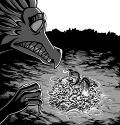 Size: 7047x7341 | Tagged: safe, artist:jowyb, fluttershy, dragon, pegasus, pony, fanfic:the immortal game, g4, commission, element of kindness, eyes closed, fanfic art, female, floating, grayscale, monochrome, restrained, screaming, stuck, vine
