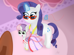 Size: 2000x1500 | Tagged: safe, artist:limitmj, rarity, sweetie belle, pony, unicorn, g4, clothes, cute, diasweetes, digital art, dress, duo, duo female, female, glasses, glowing horn, horn, levitation, magic, measuring tape, mirror, needle, open mouth, open smile, raribetes, rarity's glasses, ribbon, sibling love, siblings, sisterly love, sisters, smiling, starry eyes, telekinesis, thread, wingding eyes