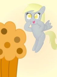 Size: 1500x2000 | Tagged: safe, artist:limitmj, derpy hooves, pegasus, pony, g4, atg 2021, digital art, female, flying, food, giant muffin, happy, hooves on cheeks, mare, muffin, newbie artist training grounds, open mouth, open smile, simple background, smiling, solo, that pony sure does love muffins, yellow background