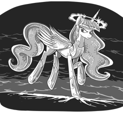 Size: 6224x5769 | Tagged: safe, artist:jowyb, twilight sparkle, alicorn, pony, fanfic:the immortal game, g4, armor, commission, fanfic art, female, glare, grayscale, halo, mare, monochrome, solo, standing, standing on one leg, twilight sparkle (alicorn), ultimate twilight
