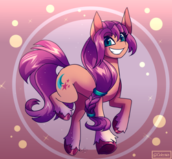 Size: 2700x2500 | Tagged: safe, artist:celes-969, sunny starscout, earth pony, pony, g5, abstract background, braid, circle, coat markings, cute, female, grin, high res, looking at you, mare, markings, raised hoof, raised leg, smiling, socks (coat markings), solo, sparkles, sunnybetes, teeth, unshorn fetlocks