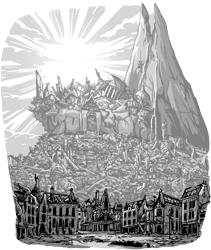 Size: 5297x6265 | Tagged: safe, artist:jowyb, fanfic:the immortal game, canterlot, commission, fanfic art, grayscale, monochrome, no pony, ruins, scenery