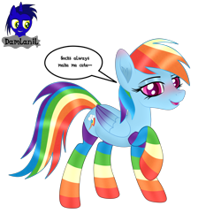 Size: 3840x3840 | Tagged: safe, alternate version, artist:damlanil, rainbow dash, pegasus, pony, g4, blushing, clothes, comic, cute, dashabetes, eyeshadow, female, happy, high res, looking at you, makeup, mare, open mouth, rainbow socks, raised hoof, shine, shiny mane, simple background, socks, solo, stockings, striped socks, text, thigh highs, transparent background, vector, wings