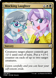 Size: 375x523 | Tagged: safe, artist:uotapo, edit, diamond tiara, silver spoon, equestria girls, g4, bracelet, ccg, ear piercing, earring, glasses, jewelry, laughingmares.jpg, magic the gathering, necklace, noblewoman's laugh, piercing, trading card, trading card edit