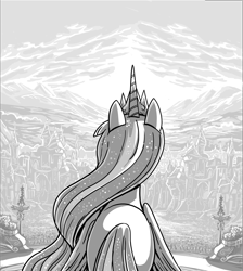 Size: 5695x6358 | Tagged: safe, artist:jowyb, twilight sparkle, alicorn, pony, fanfic:the immortal game, g4, canterlot, commission, crowd, crown, fanfic art, female, grayscale, jewelry, mare, monochrome, rear view, regalia, scenery, solo focus, twilight sparkle (alicorn), ultimate twilight