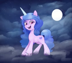 Size: 888x777 | Tagged: safe, artist:ponydevilgirl, izzy moonbow, pony, unicorn, g5, bracelet, cloud, cute, female, izzybetes, jewelry, looking at you, mare, moon, night, open mouth, solo, stars, unshorn fetlocks