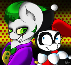 Size: 1024x939 | Tagged: safe, artist:xelectrobeats, pony, back to back, batman's enemies, harley quinn, ponified, the joker