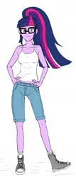 Size: 614x1434 | Tagged: safe, artist:stellarwools, sci-twi, twilight sparkle, equestria girls, g4, clothes, converse, female, glasses, looking at you, midriff, ponytail, shoes, shorts, simple background, sneakers, solo, white background