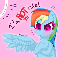 Size: 2779x2574 | Tagged: safe, artist:vinca, rainbow dash, pegasus, pony, g4, blatant lies, blushing, cheek fluff, crossed hooves, denial's not just a river in egypt, ear fluff, emanata, female, high res, i'm not cute, mare, scrunchy face, solo, spread wings, wings