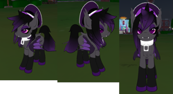 Size: 1335x725 | Tagged: safe, oc, oc only, oc:blackmour, bat pony, pony, bat pony oc, bat wings, collar, dyed mane, dyed tail, ear fluff, eyelashes, eyeshadow, fangs, hat, looking at you, makeup, male, second life, simple background, smiling, solo, stallion, standing, trap, wings