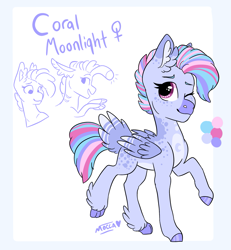 Size: 1785x1929 | Tagged: safe, artist:moccabliss, oc, oc only, oc:coral moonlight, hybrid, seapony (g4), female, one eye closed, simple background, solo, tail feathers, white background, wink
