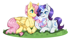 Size: 3022x1731 | Tagged: safe, artist:kathana-da, fluttershy, rarity, pegasus, pony, unicorn, g4, braiding, cute, female, flower, flower in hair, glowing horn, hair braiding, hair over one eye, horn, lesbian, looking at each other, lying down, magic, open mouth, open smile, prone, ship:flarity, shipping, simple background, smiling, telekinesis, weapons-grade cute, white background
