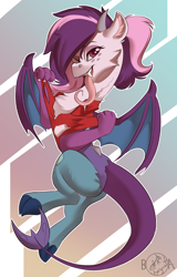 Size: 2112x3303 | Tagged: safe, artist:beardie, oc, oc only, oc:mirage, draconequus, clothes, draconequus oc, drool, high res, long tongue, one eye closed, open mouth, polo shirt, ripping clothes, tongue out, transformation, wink