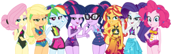 Size: 1024x325 | Tagged: safe, artist:emeraldblast63, applejack, fluttershy, pinkie pie, rainbow dash, rarity, sci-twi, sunset shimmer, twilight sparkle, alicorn, equestria girls, equestria girls series, forgotten friendship, g4, alternate hairstyle, applejack's beach shorts swimsuit, beach shorts swimsuit, belly button, clothes, eyeshadow, fluttershy's beach shorts swimsuit, hatless, humane five, humane seven, humane six, lidded eyes, makeup, missing accessory, one-piece swimsuit, sarong, simple background, smiling, swimming trunks, swimsuit, transparent background, twilight sparkle (alicorn), twolight