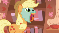 Size: 1979x1125 | Tagged: safe, screencap, applejack, earth pony, pony, g4, look before you sleep, season 1, faic, female, golden oaks library, mare, mud mask, open mouth, open smile, smiling, solo, tongue out
