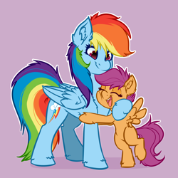 Size: 4000x4000 | Tagged: safe, artist:witchtaunter, rainbow dash, scootaloo, pegasus, pony, g4, chest fluff, commission, cute, duo, duo female, ear fluff, eyes closed, female, filly, hug, mare, open mouth, open smile, purple background, scootalove, simple background, smiling