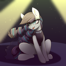 Size: 2200x2200 | Tagged: safe, artist:cottonaime, coloratura, earth pony, pony, g4, clothes, eye clipping through hair, female, high res, mare, sitting, smiling, solo