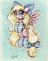 Size: 2568x3256 | Tagged: safe, artist:dandy, oc, oc only, oc:bay breeze, pegasus, pony, :p, blushing, bow, clothes, colored pencil drawing, cute, female, flying, heart, heart eyes, high res, signature, simple background, socks, solo, striped socks, tongue out, traditional art, wingding eyes, wings