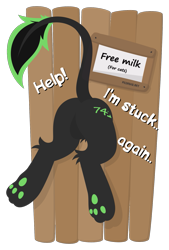 Size: 1081x1600 | Tagged: safe, artist:pegasko, oc, oc only, oc:eytlin, sphinx, fence, hole, hole in the wall, lineless, long tail, paw pads, paws, rear view, sign, simple background, solo, sphinx oc, stuck, text, transparent background, wooden fence