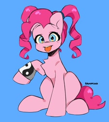 Size: 1178x1318 | Tagged: safe, artist:cottonsweets, pinkie pie, earth pony, pony, g4, :p, alternate hairstyle, blue background, female, mare, pigtails, simple background, sitting, solo, tongue out, wristband, yin-yang
