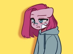 Size: 1024x759 | Tagged: safe, artist:cottonsweets, pinkie pie, earth pony, anthro, g4, alternate universe, bandaid, bandaid on nose, clothes, female, gritted teeth, hoodie, mare, pinkamena diane pie, sharp teeth, solo, teeth