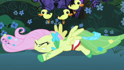 Size: 1280x720 | Tagged: safe, alternate version, artist:excelso36, edit, edited screencap, screencap, fluttershy, bird, duck, pegasus, pony, g4, the best night ever, briefs, clothes, dress, duckling, eyes closed, faceplant, gala dress, gritted teeth, spread wings, underwear, wardrobe malfunction, wings