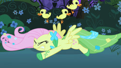 Size: 1280x720 | Tagged: safe, alternate version, artist:excelso36, edit, edited screencap, screencap, fluttershy, bird, duck, pegasus, pony, g4, the best night ever, clothes, dress, duckling, eyes closed, faceplant, gala dress, gritted teeth, spread wings, wardrobe malfunction, wings