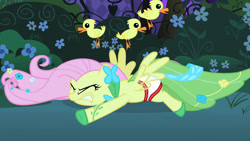 Size: 1280x720 | Tagged: safe, alternate version, artist:excelso36, edit, edited screencap, screencap, fluttershy, bird, duck, pegasus, pony, g4, the best night ever, briefs, clothes, dress, duckling, eyes closed, faceplant, gala dress, gritted teeth, spread wings, tomboy, underwear, wardrobe malfunction, wings, x-ray