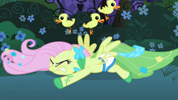 Size: 1280x720 | Tagged: safe, alternate version, artist:excelso36, edit, edited screencap, screencap, fluttershy, bird, duck, pegasus, pony, g4, the best night ever, briefs, clothes, dress, duckling, eyes closed, faceplant, gala dress, gritted teeth, spread wings, underwear, wardrobe malfunction, wings, x-ray