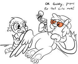 Size: 799x654 | Tagged: safe, artist:jargon scott, gabby, earth pony, griffon, pony, g4, bit, butt, duo, female, hoof hold, mare, monochrome, partial color, paw pads, paws, plot, simple background, sunglasses, tattoo, thumbs up, underpaw, white background