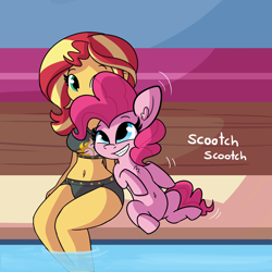 Size: 3000x3000 | Tagged: safe, artist:tjpones, pinkie pie, sunset shimmer, earth pony, pony, equestria girls, g4, beach shorts swimsuit, belly button, bikini, breasts, busty sunset shimmer, chest fluff, clothes, explicit source, female, grin, high res, interspecies, lesbian, mare, nuzzling, pinkie loves bacon bits, ship:sunsetpie, shipping, smiling, sunset shimmer's beach shorts swimsuit, swimming pool, swimsuit