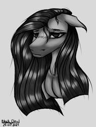 Size: 2233x2948 | Tagged: safe, artist:blackcloud2000, pinkie pie, earth pony, pony, g4, bust, floppy ears, high res, monochrome, pinkamena diane pie, portrait, sad, solo