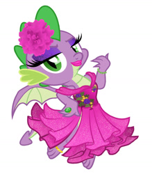 Size: 1280x1462 | Tagged: safe, artist:mylittlepastafarian, spike, dragon, clothes, commission, crossdressing, drag queen, dress, emerald flame (drag name), eyeshadow, fake eyelashes, femboy, femboy spike, flower, flower in hair, jewelry, lipstick, makeup, male, pun, ring, simple background, solo, visual pun, white background, winged spike, wings