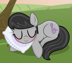 Size: 1245x1080 | Tagged: safe, artist:grapefruit-face, octavia melody, earth pony, pony, g4, base used, blushing, cute, eyes closed, outdoors, pillow, show accurate, sleeping, solo, tavibetes, tree