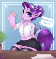 Size: 1692x1809 | Tagged: safe, artist:darkmaxxie, starlight glimmer, unicorn, semi-anthro, g4, arm hooves, belly button, clothes, desk, dialogue, donut, dress shirt, female, food, midriff, open mouth, panties, paper, skirt, solo, stockings, talking, thigh highs, thong, underwear, zettai ryouiki