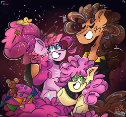 Size: 3000x2800 | Tagged: safe, artist:its_sunsetdraws, cheese sandwich, li'l cheese, pinkie pie, earth pony, pony, g4, the last problem, abstract background, camera shot, candy, candy in hair, cheek fluff, clothes, confetti, cutie mark, digital art, family, family photo, female, food, high res, lollipop, looking at you, male, poofy mane, rubber duck, ship:cheesepie, shipping, sitting, smiling, smiling at you, straight, streamers, teddy bear, vest