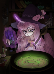 Size: 2783x3823 | Tagged: safe, artist:bloodymrr, oc, oc only, alicorn, earth pony, pegasus, pony, unicorn, cauldron, clothes, commission, cooking, hat, high res, lavender, magic, solo, witch, witch costume, witch hat, witchcraft