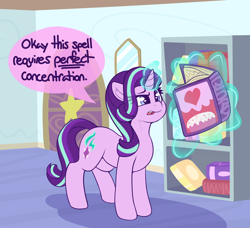 Size: 3816x3486 | Tagged: safe, artist:graphenescloset, starlight glimmer, pony, unicorn, series:starlight and trixie magic gain drive, g4, book, female, high res, imminent weight gain, incentive drive, magic, mare, solo, this will end in weight gain, weight gain sequence