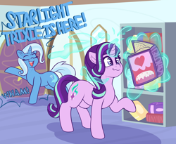 Size: 4250x3486 | Tagged: safe, artist:graphenescloset, starlight glimmer, trixie, pony, unicorn, series:starlight and trixie magic gain drive, g4, book, dialogue, duo, eyes closed, female, imminent weight gain, incentive drive, inconvenient trixie, magic, mare, now you fucked up, open mouth, telekinesis, this will end in weight gain, weight gain sequence