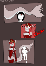 Size: 1984x2806 | Tagged: safe, artist:tenenbris, oc, oc only, oc:dead meat, oc:scylla, anthro, anthro oc, anthro with ponies, biting, comic, female, filly, high res, latex