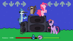Size: 1536x864 | Tagged: safe, anonymous artist, pinkie pie, twilight sparkle, alicorn, pony, g4, arrow, backwards ballcap, baseball cap, cap, crossover, crossover shipping, friday night funkin', hat, male, meme, microphone, mordecai, mordetwi, redraw mordetwi meme, regular show, rigby (regular show), speaker, twilight sparkle (alicorn), vector used