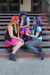 Size: 453x680 | Tagged: safe, artist:maddymoiselle, artist:sarahndipity cosplay, artist:shelbeanie, starlight glimmer, sunset shimmer, twilight sparkle, human, equestria girls, equestria girls specials, g4, mirror magic, beanie, clothes, cosplay, costume, everfree northwest, everfree northwest 2019, hat, irl, irl human, magical trio, photo, stairs