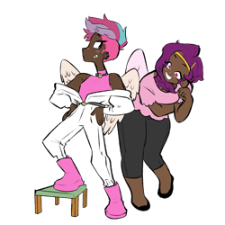 Size: 3000x3000 | Tagged: safe, artist:galaxiedream, artist:icicle-niceicle-1517, color edit, edit, pipp petals, zipp storm, human, g5, belt, blushing, boots, choker, clothes, collaboration, colored, dark skin, duo, ear piercing, earring, female, flats, grin, high res, humanized, jacket, jeans, jewelry, pants, piercing, shirt, shoes, siblings, simple background, sisters, smiling, stool, sweat, sweatdrop, sweatpants, t-shirt, tank top, transparent background, winged humanization, wings