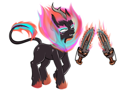 Size: 1473x1100 | Tagged: safe, artist:leastways, oc, oc only, oc:bloody butchress, kirin, nirik, fallout equestria, commission, fanfic art, fire, horn, looking up, nirik fire, nirik oc, ripper (weapon), simple background, sketch, solo, transparent background