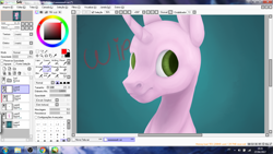 Size: 1366x768 | Tagged: safe, artist:eperyton, oc, oc only, pony, unicorn, bald, bust, horn, photo, picture of a screen, smiling, solo, unicorn oc, wip