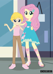 Size: 2480x3508 | Tagged: safe, artist:excelso36, fluttershy, oc, oc:cherish lynne, equestria girls, g4, canon x oc, choker, clothes, commissioner:shortskirtsandexplosions, female, femboy, fingernails, high res, makeup, male, size difference, straight