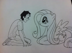 Size: 2592x1936 | Tagged: safe, artist:ceehoff, fluttershy, oc, human, pegasus, pony, g4, cute, eyelashes, female, human oc, kneeling, lineart, looking at each other, lying down, male, mare, ponyloaf, prone, shyabetes, smiling, traditional art, wings