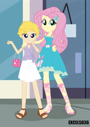Size: 2480x3508 | Tagged: safe, alternate version, artist:excelso36, fluttershy, oc, oc:cherish lynne, equestria girls, g4, canon x oc, choker, clothes, commissioner:shortskirtsandexplosions, crossdressing, female, femboy, fluttershy likes femboys, girly, high res, makeup, male, purse, size difference, skirt, straight